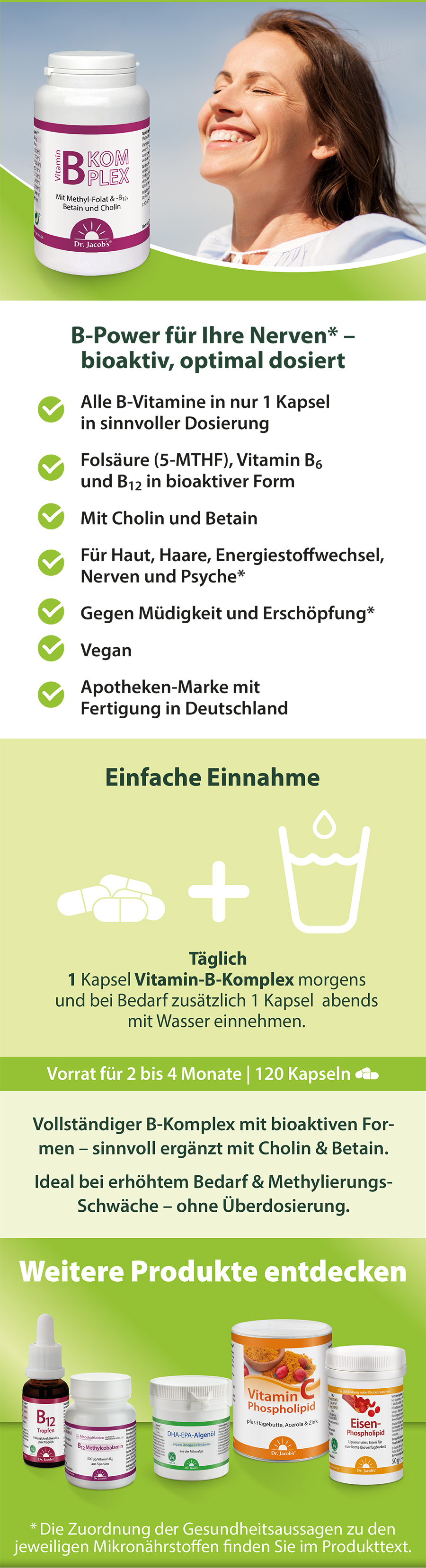 Grafik mit Flasche und Text. Text: B-Power für Ihre Nerven. Alle B-Vitamine in 1 Kapsel. Vegan, Apothekenmarke. Weitere Produkte.