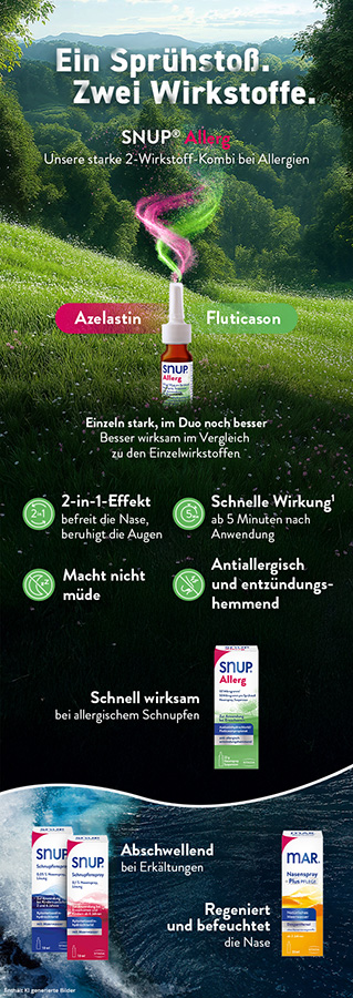 Werbebild mit SNUP Allerg Nasenspray und anderen Produkten. Hintergrund: Naturlandschaft.