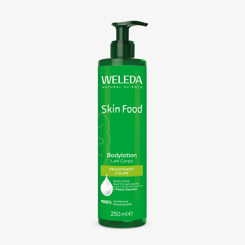 Grüne Flasche mit Pumpe. Weleda Skin Food Bodylotion. Text: Feuchtigkeit & Glow, 250 ml.