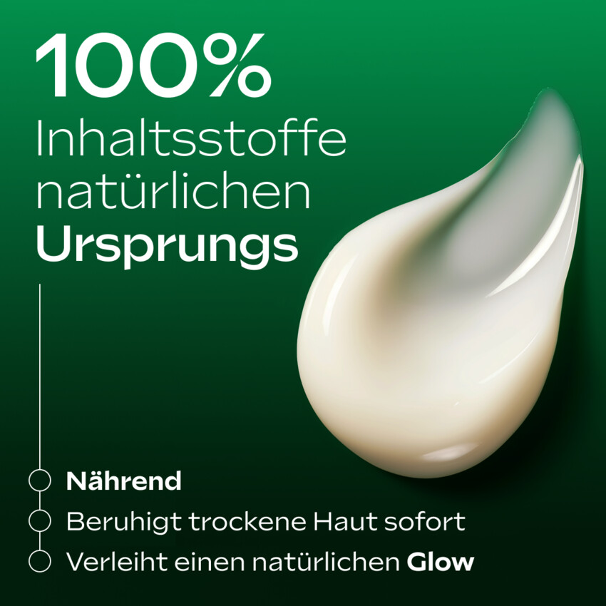 Creme-Textur. Text: 100% Inhaltsstoffe natürlichen Ursprungs. Nährend, beruhigt, Glow.