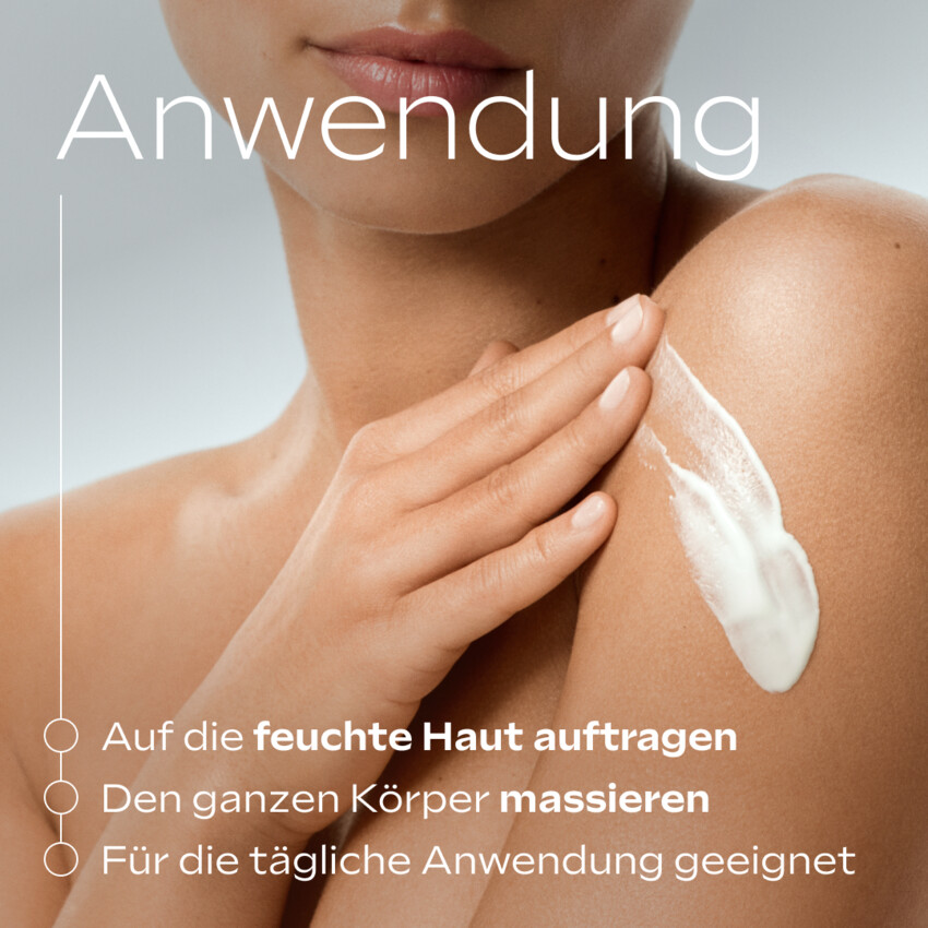 Anwendung: Creme auf Haut auftragen, Körper massieren, für tägliche Anwendung geeignet.