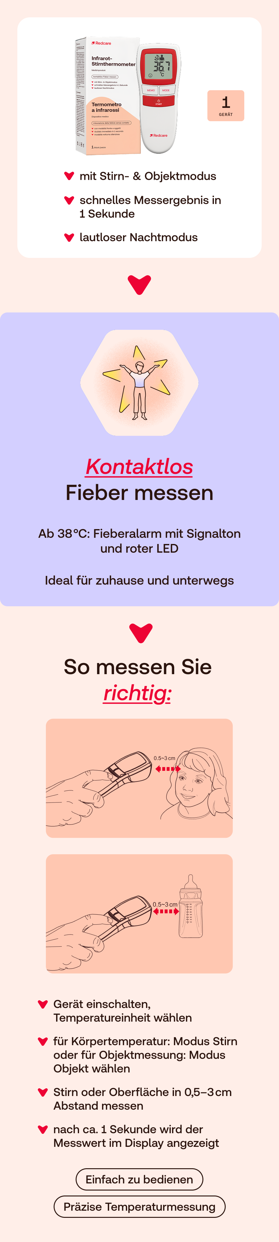 Infra-Stirnthermometer, Verpackung und Anwendungsbeispiele. Kontaktlose Fiebermessung. Ideal für zuhause und unterwegs.