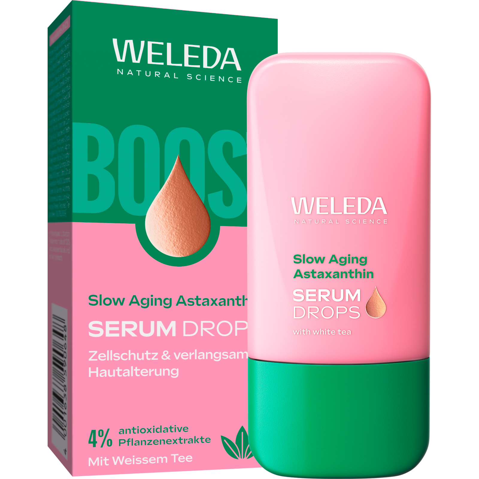 Weleda Serum Drops, rosa-grüne Flasche und Karton. Text: Slow Aging Astaxanthin, Serum Drops, Zellschutz & verlangsamte Hautalterung.