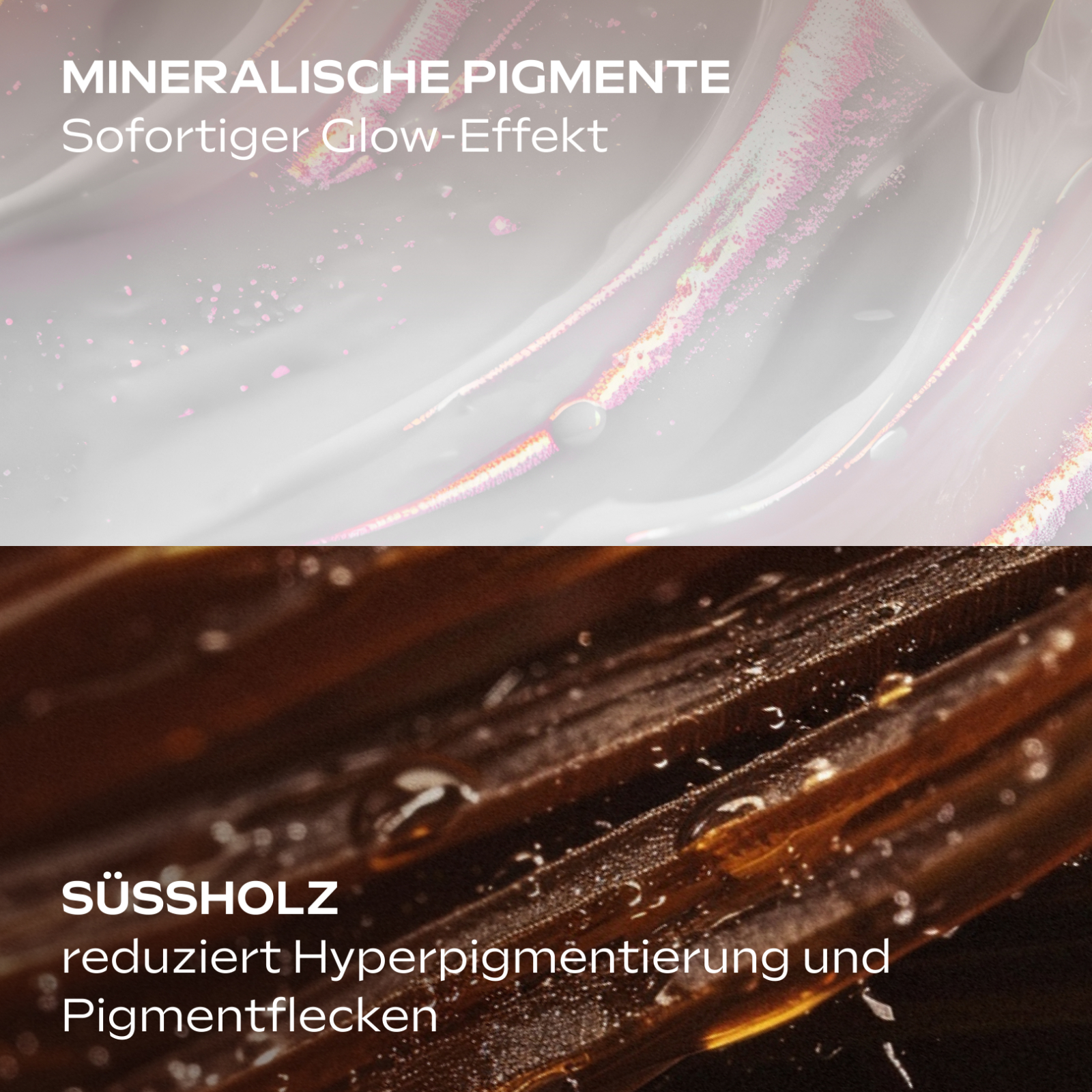 Frau trägt Serum auf. Text: Leichtes, schimmerndes Serum. Rosa Hintergrund.