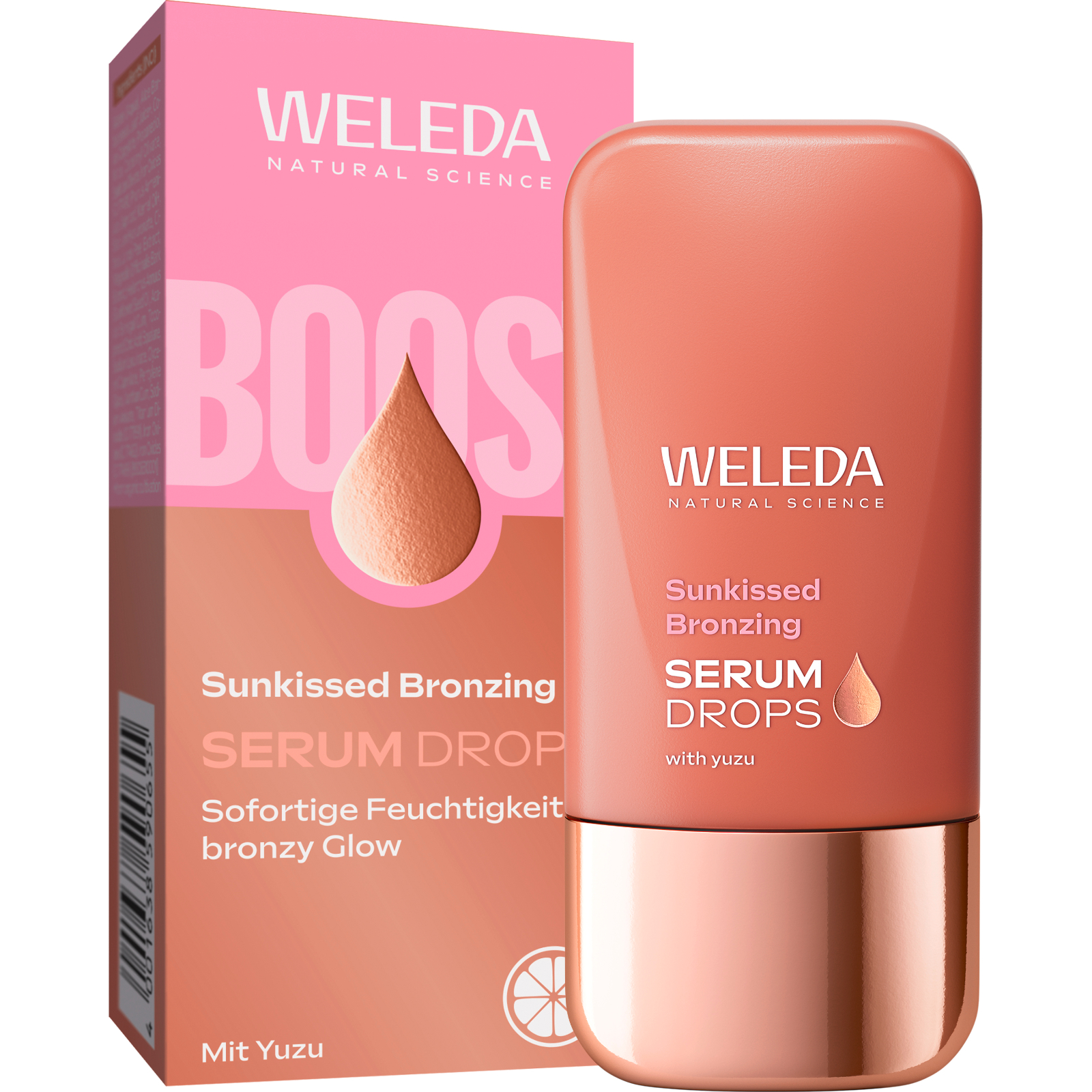 Weleda Sunkissed Bronzing Serum Drops. Rosa Verpackung mit Produkt und Tropfen-Illustration. Text: Serum Drops, bronzefarbener Glow.