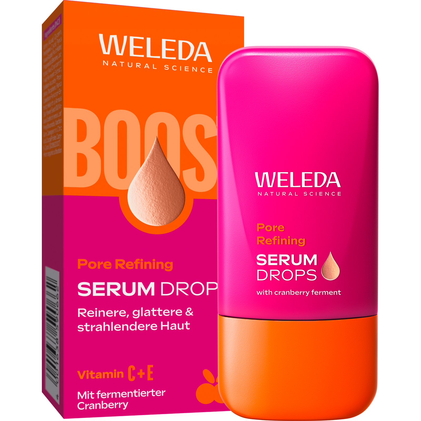 Nahaufnahme von Vitamin C+E und Cranberry. Gelbe Flüssigkeit und rote Cranberrys.