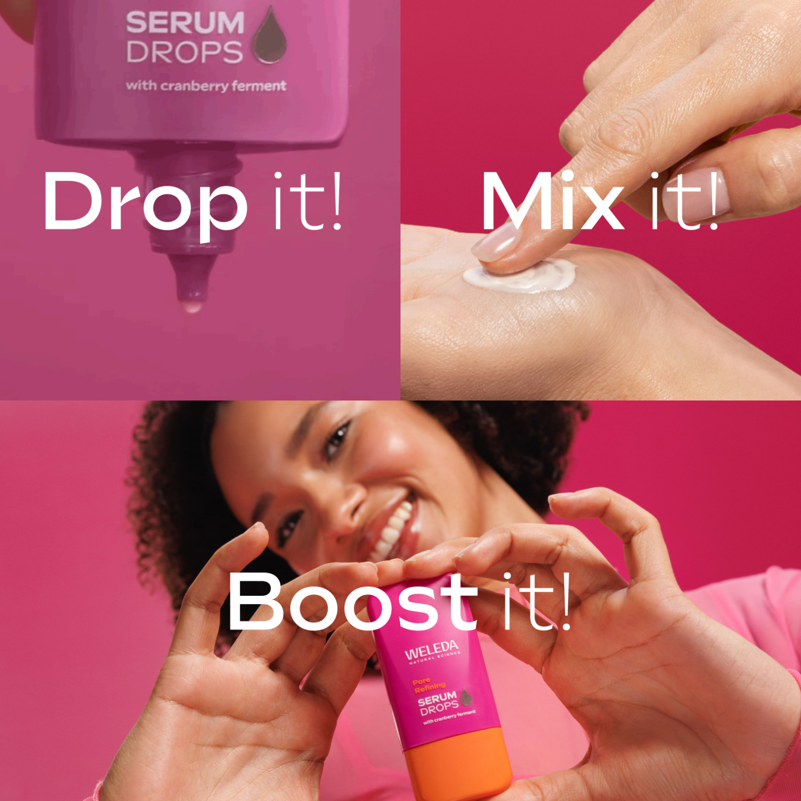 Anwendung des Serums. Hand mit Serum auf der Handfläche. Text: 2-3 Tropfen pur oder mischen.