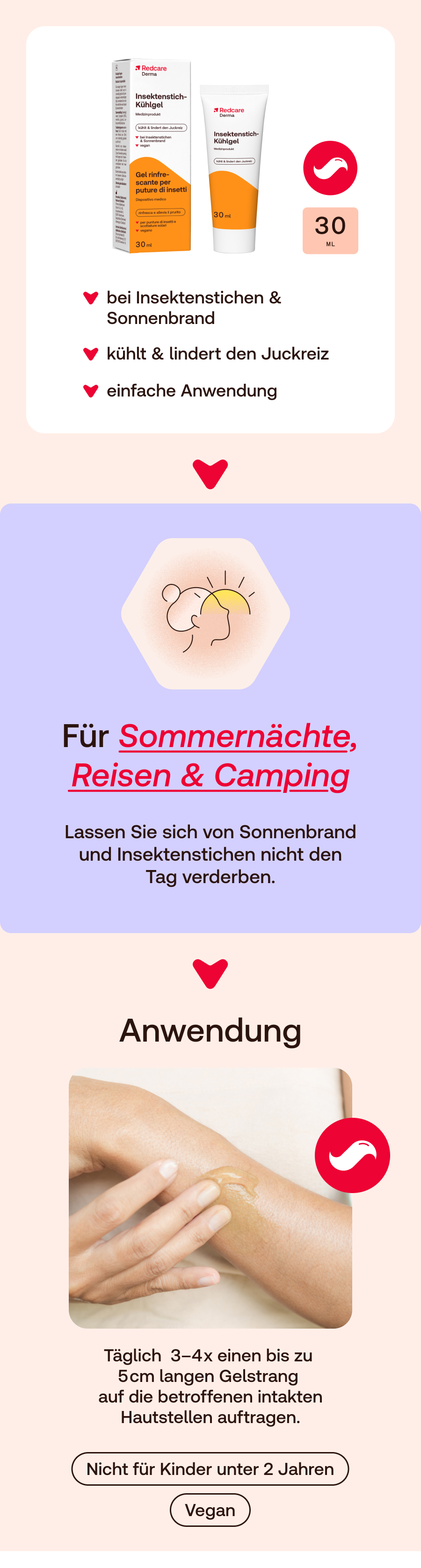 Produktabbildung mit Text. Anwendungshinweise in deutscher Sprache. Vegan.