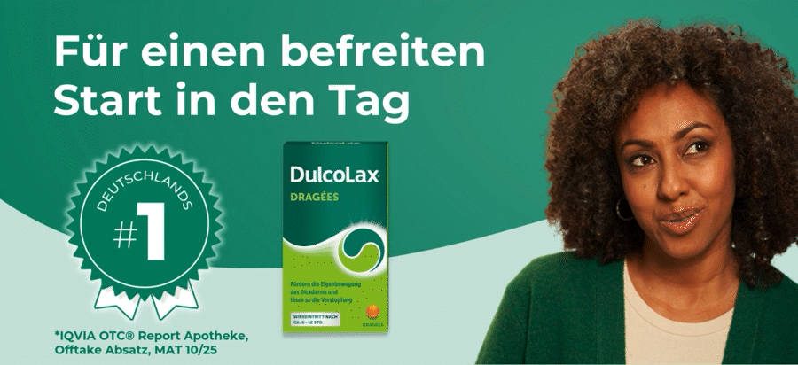 Frau lächelt. Text: #1 Abführmittelmarke in Deutschland. Schachtel DulcoLax Dragées.