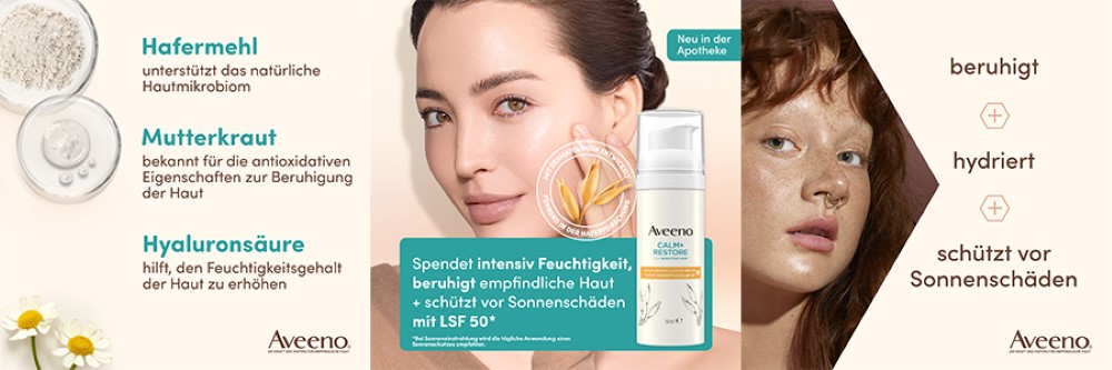 Frau mit Aveeno CALM+RESTORE Creme. Text: Spendet Feuchtigkeit, beruhigt, schützt. LSF 50. Apotheken-Hinweis.