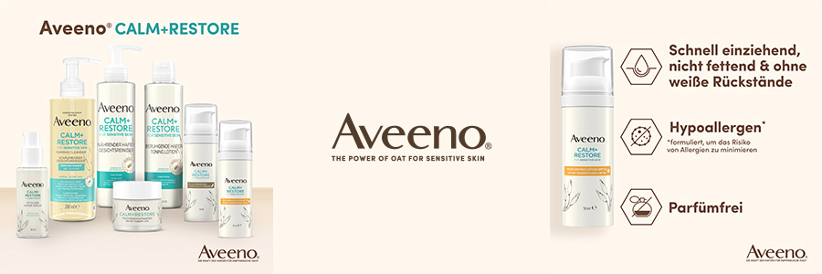 Verschiedene Aveeno CALM+RESTORE Produkte. Flaschen, Tiegel, Tuben. Aveeno Logo.