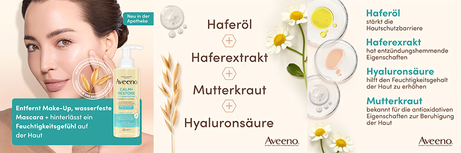 Frau berührt Gesicht. Daneben Aveeno Calm+Restore Reinigungsgel. Text: Entfernt Make-Up, wasserfeste Mascara + hinterlässt ein Feuchtigkeitsgefühl.