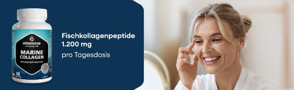 Frau betrachtet sich im Spiegel. Neben ihr: Flasche mit Marine Collagen. Text: Fischkollagenpeptide pro Tagesdosis.