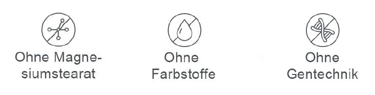 Symbole: Ohne Magnesiumstearat, Ohne Farbstoffe, Ohne Gentechnik.