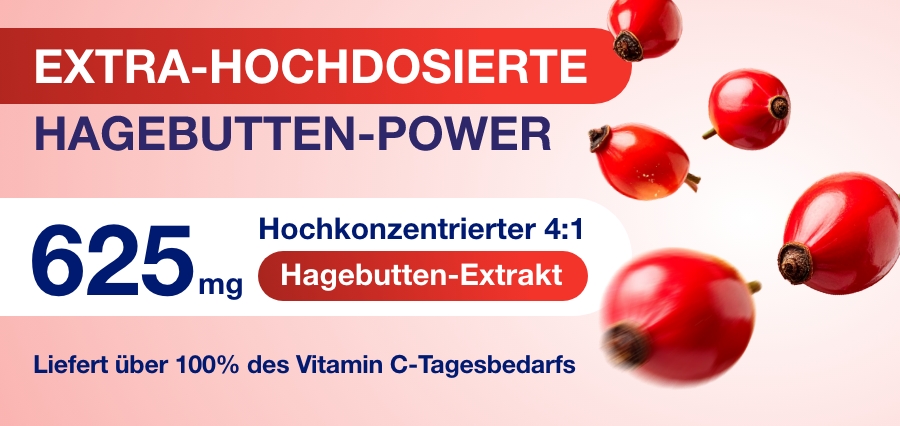 Weiße Schachtel mit GELENCIUM® Kollagen Hagebutte. Roter Streifen mit Produktnamen. 30 Gel-Sticks, hochdosiert.