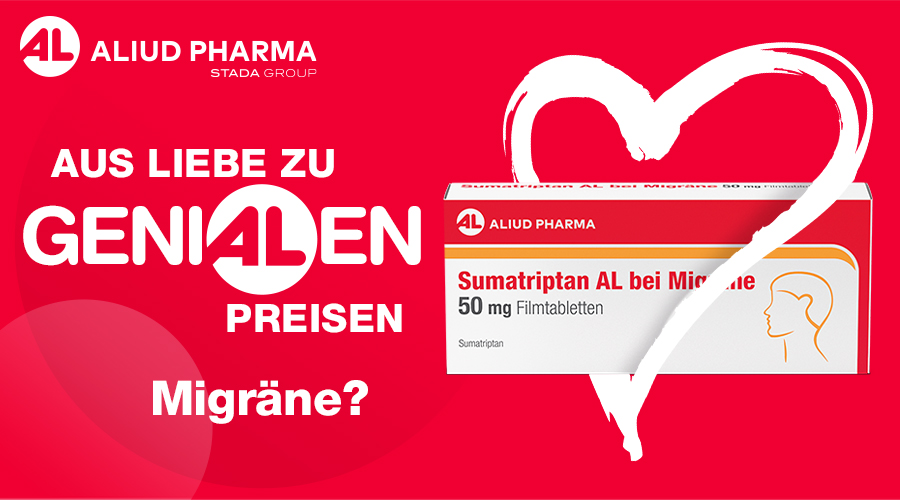 Packung Sumatriptan AL bei Migräne 50 mg Filmtabletten mit Kopfprofil.