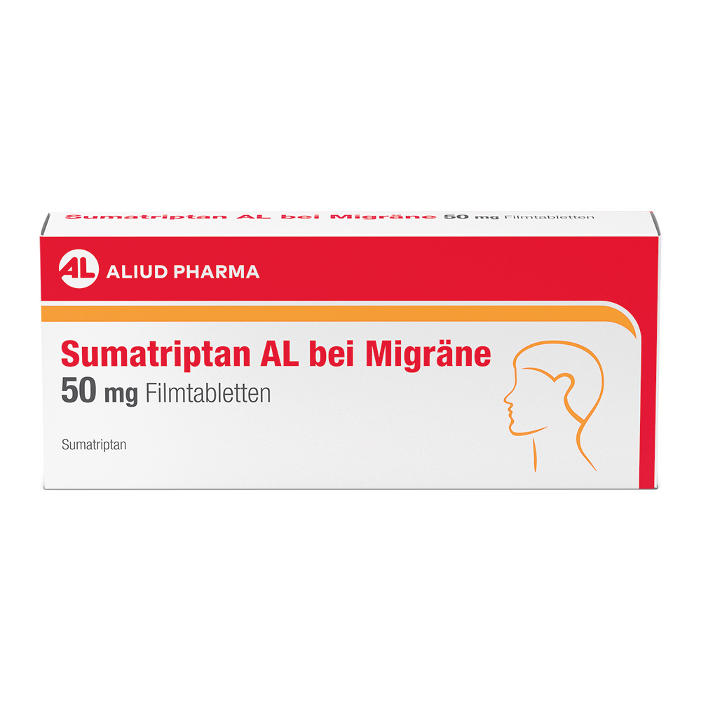 Packung Sumatriptan AL bei Migräne 50 mg Filmtabletten mit Kopfprofil.