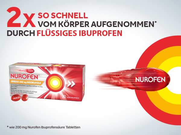 Verpackung NUROFEN Immedia 200 mg Weichkapseln. 20 Kapseln. Rote Kapsel mit Geschwindigkeitseffekt. Text: 2x so schnell vom Körper aufgenommen durch flüssiges Ibuprofen.