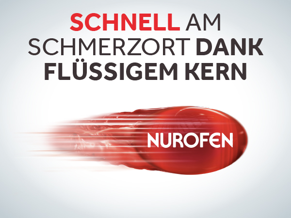 Rote Kapsel mit Geschwindigkeitseffekt. Text: Schnell am Schmerzort dank flüssigem Kern. Logo NUROFEN.