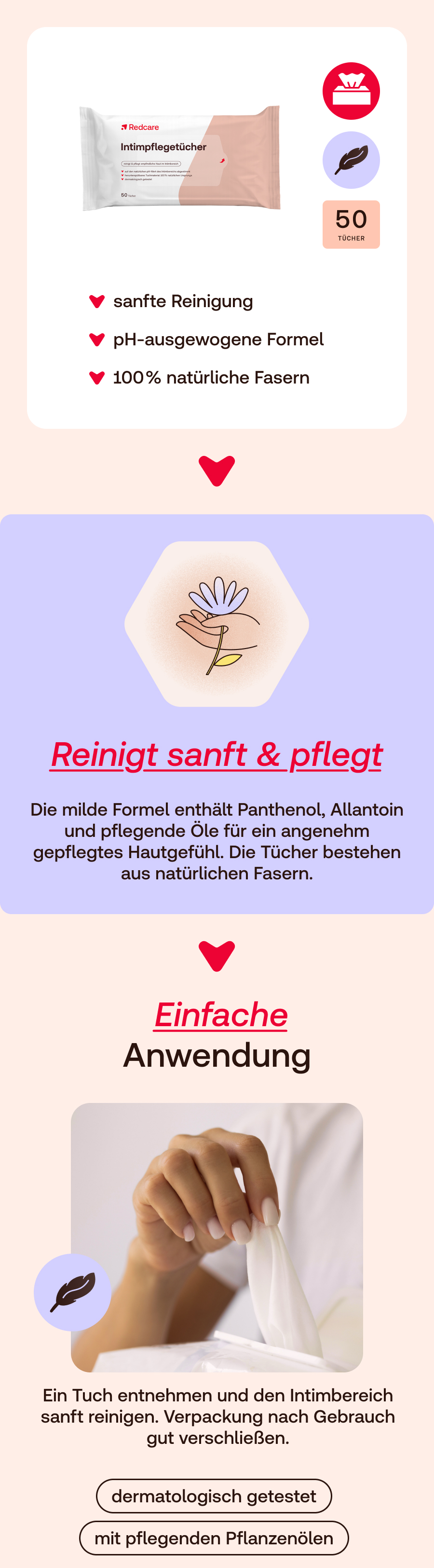 Infografik mit Produktabbildung, Icons und Text. Beschreibt sanfte Reinigung, pH-ausgewogene Formel und natürliche Fasern.