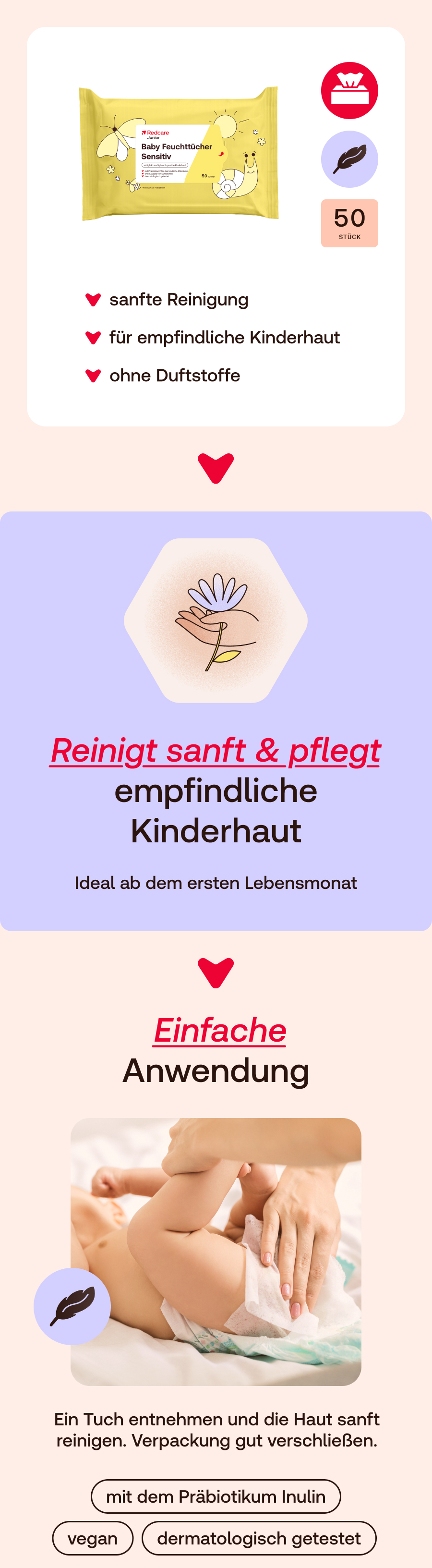 Deutsche Werbetafel. Zeigt eine Packung Feuchttücher, Text: Reinigt sanft & pflegt empfindliche Kinderhaut.