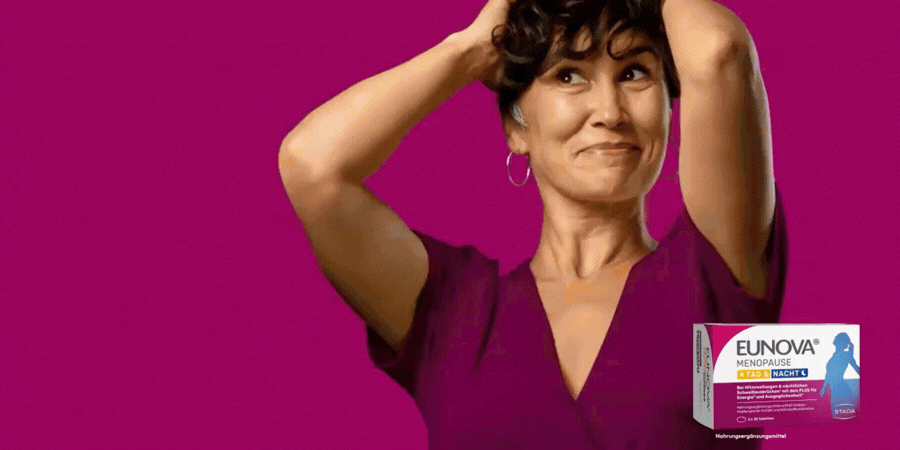 EUNOVA® MENOPAUSE TAG & NACHT Verpackung mit Silhouette einer Frau und Produktnamen.