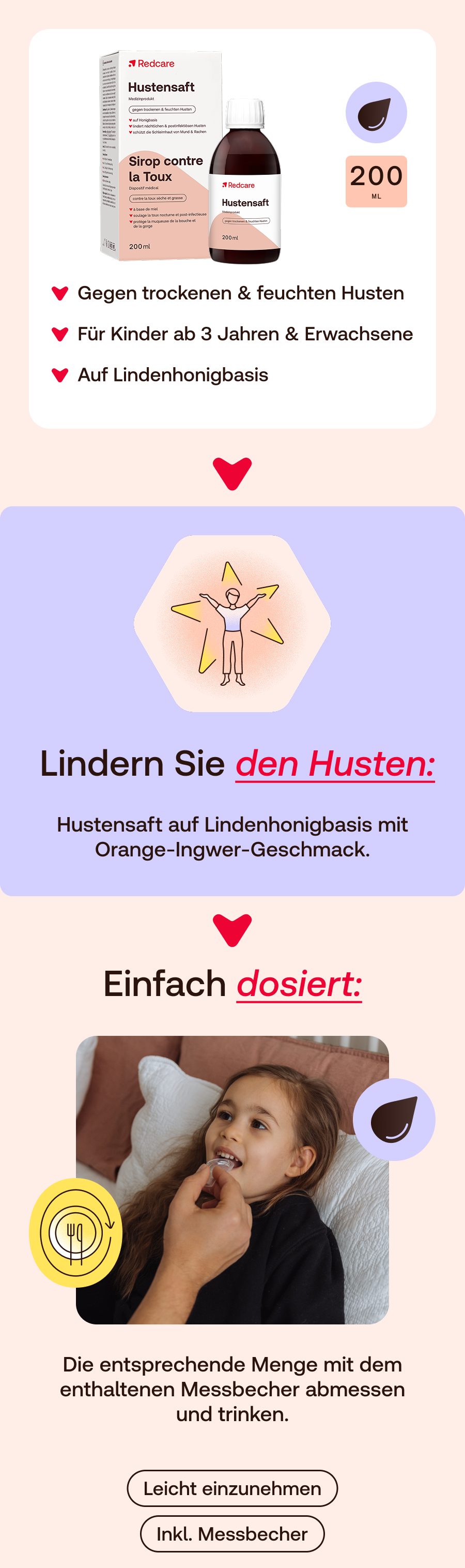 Werbebild für Hustensaft. Enthält eine Abbildung der Verpackung, Inhaltsangaben und ein Kind, das den Saft einnimmt.