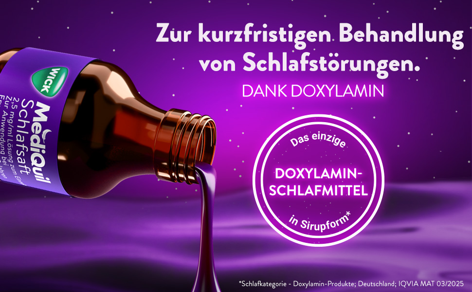Flasche mit Sirup. Text: Zur kurzfristigen Behandlung von Schlafstörungen.