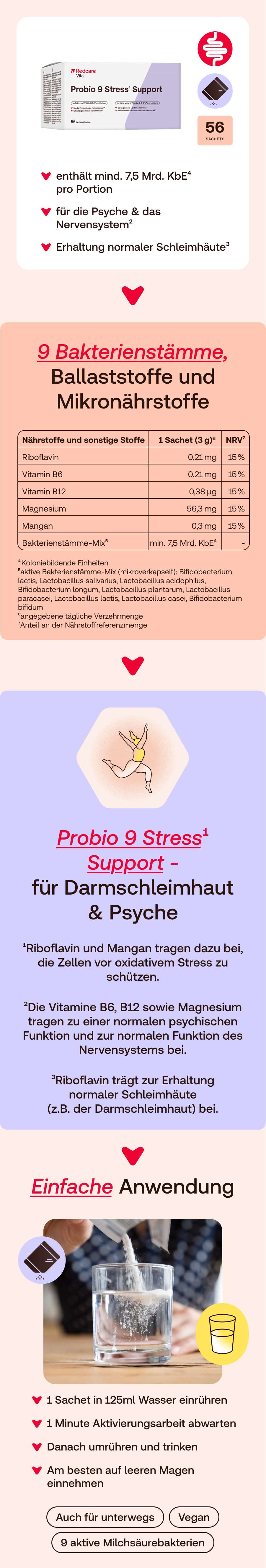 Produktabbildung von Redcare Vita Probio 9 Stress¹ Support. Enthält 9 Bakterienstämme und Mikronährstoffe.