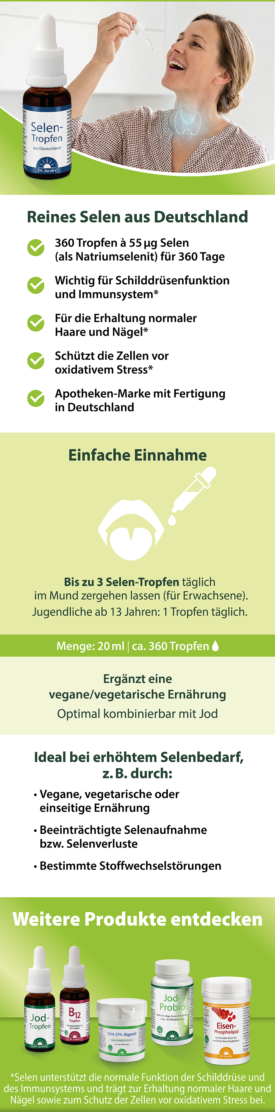 Grafik mit Flasche Selen-Tropfen. Text: Vorteile im Überblick. 360 Tropfen, Schilddrüse, Immunsystem, Haare, Nägel.