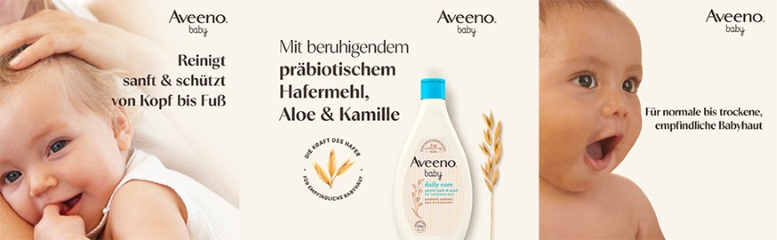 Kombination aus drei Bildern. Baby, Aveeno Baby Produkte und Text. Reinigt, schützt, pflegt empfindliche Babyhaut.