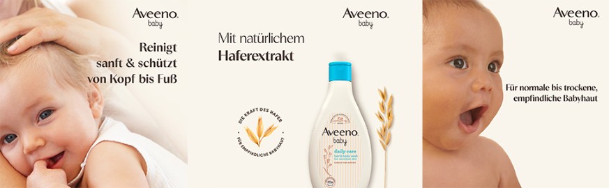 Drei Bilder. Baby mit Hand, Aveeno Baby Produkt, Baby mit offenem Mund. Text: Reinigt, schützt, mit Hafer, für empfindliche Haut.