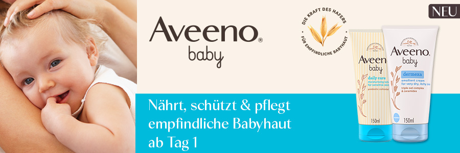 Baby mit Hand, zwei Aveeno Baby Produkte. Text: Nährt, schützt & pflegt empfindliche Babyhaut ab Tag 1. Neu.