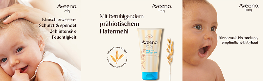 Kombination aus drei Bildern. Baby mit Hand auf Kopf, Aveeno Baby Lotion, Baby mit offenem Mund.