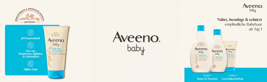 Kombination aus drei Bildern. Aveeno Baby Produkte, Baby mit Hand auf Kopf, Baby mit offenem Mund.