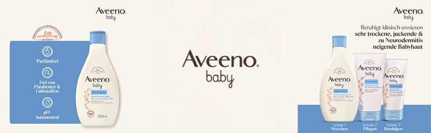 Aveeno Baby Dermexa Produkte. Text: Beruhigt klinisch erwiesen sehr trockene, juckende & zu Neurodermitis neigende Babyhaut.