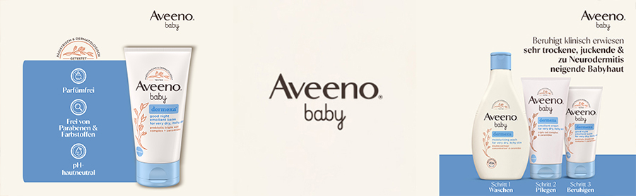 Drei Aveeno Baby Dermexa Produkte. Text: Schritt 1 Waschen, Schritt 2 Pflegen, Schritt 3 Beruhigen.