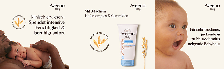 Kombination aus drei Bildern. Aveeno Baby Produkte. Text: Klinisch erwiesen - Spendet Feuchtigkeit & beruhigt sofort. Baby.