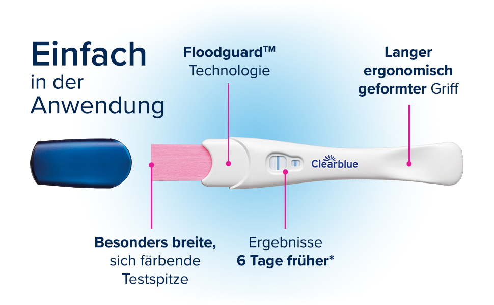 Schwangerschaftstest mit Text: Einfach in der Anwendung. Floodguard Technologie. Breiter Testspitze. Ergonomischer Griff.