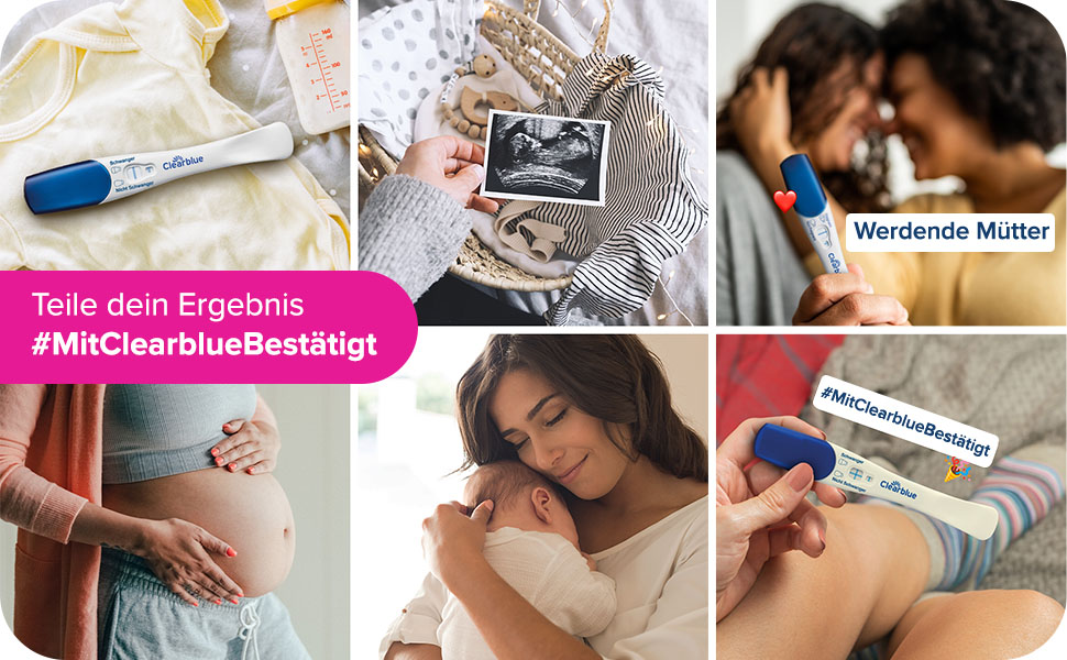 Collage von Bildern. Frauen mit Schwangerschaftstests, Babys und werdenden Müttern. Text: Teile dein Ergebnis.