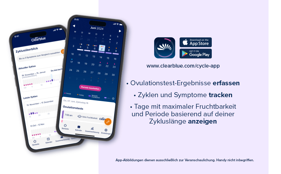 Zwei Smartphones mit App-Ansichten. Text: Ovulationstest-Ergebnisse erfassen, Zyklen tracken.