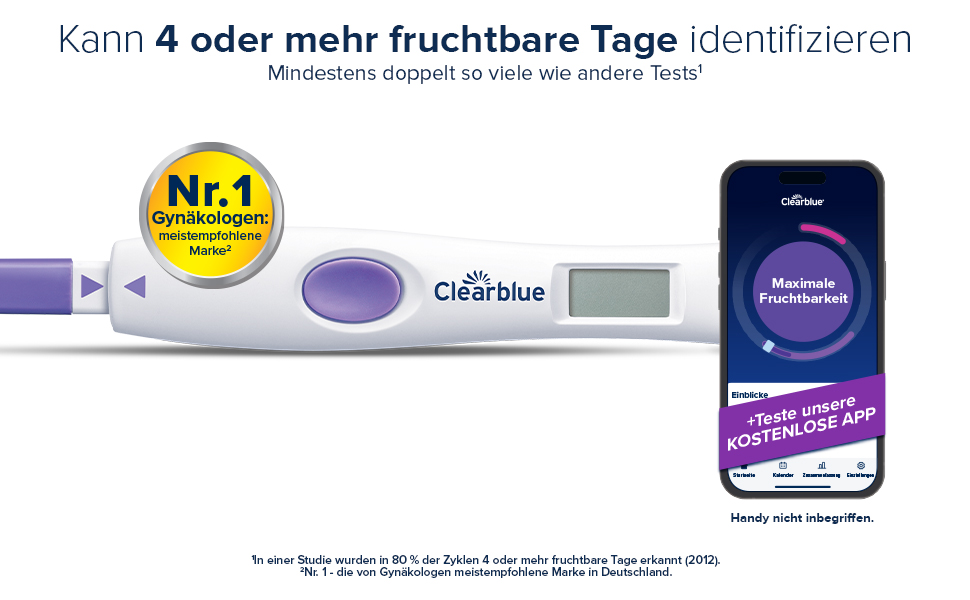 Ovulationstest und Smartphone. Text: Kann 4 oder mehr fruchtbare Tage identifizieren. Smartphone mit App-Anzeige.
