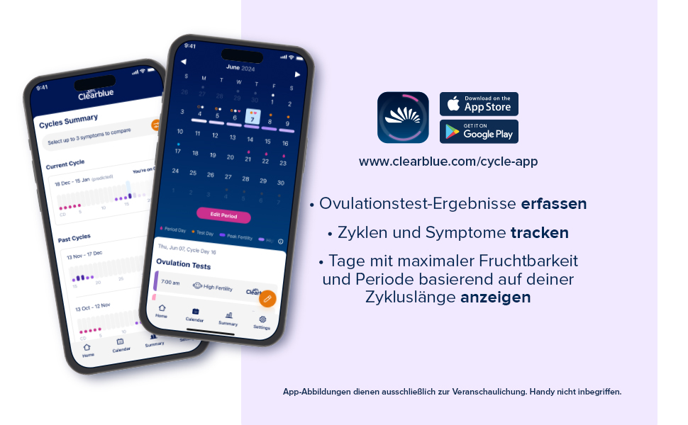 Zwei Smartphones mit App-Anzeigen. App-Funktionen: Ergebnisse erfassen, Zyklen tracken, Tage anzeigen. App-Logo.