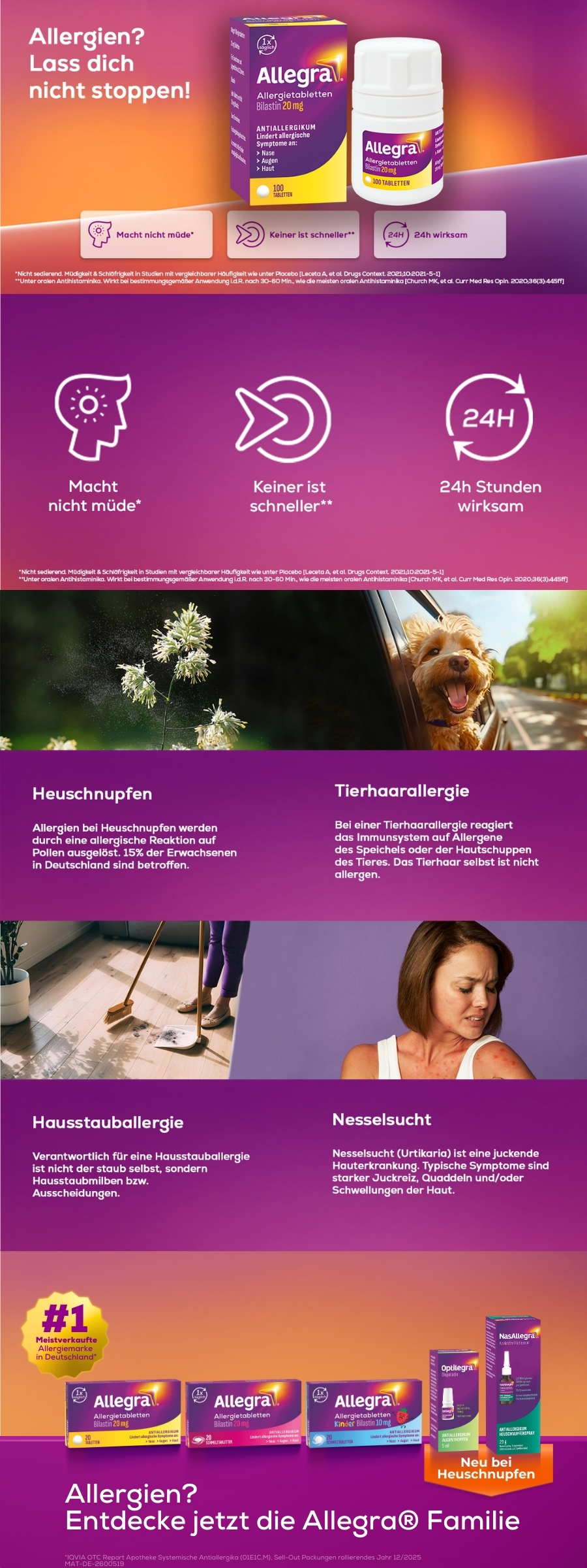 Werbebild mit Allegra-Produkten und Informationen zu Allergien.
