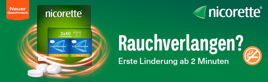 Nicorette-Anzeige mit Produktverpackung und Tabletten. Text: Rauchverlangen? Erste Linderung ab 2 Minuten.