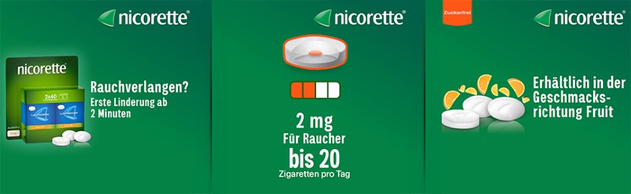 Nicorette-Anzeige. Produktverpackung, Tabletten und Text: 2 mg, Für Raucher bis 20 Zigaretten pro Tag, Erhältlich in Fruit.