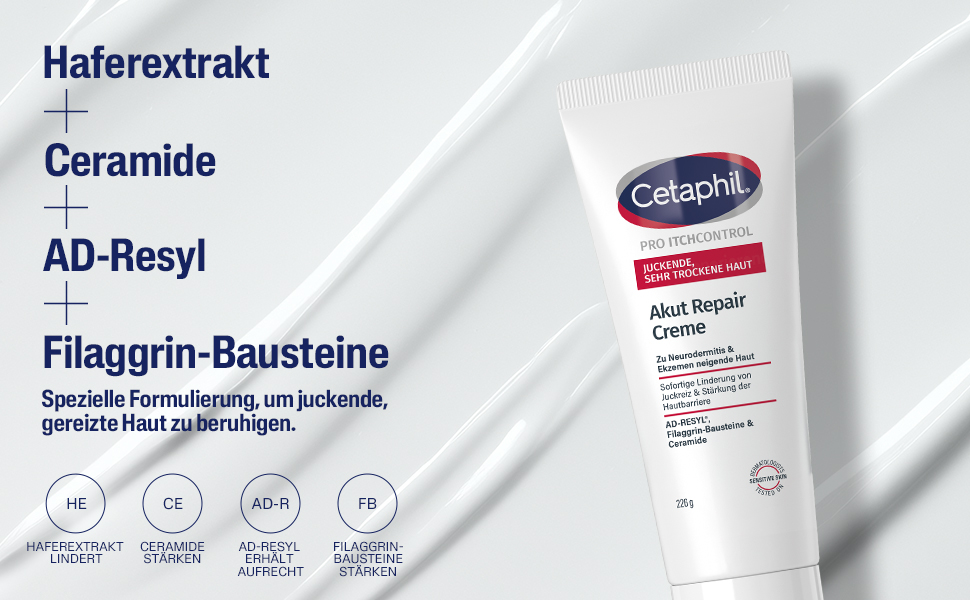 Cetaphil PRO ItchControl Creme: Inhaltsstoffe wie Haferextrakt, Ceramide, AD-Resyl, Filaggrin-Bausteine für juckende Haut.
