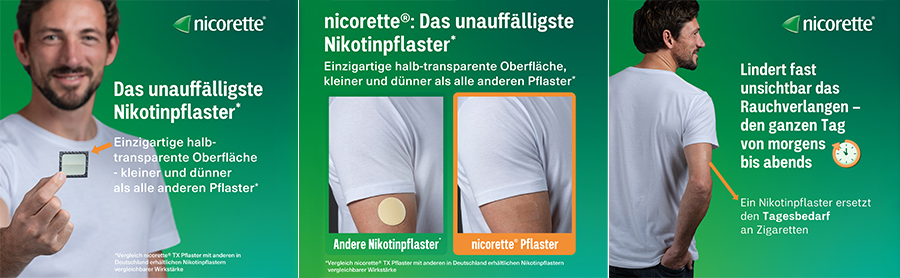 Drei Bilder nebeneinander. Links: Mann mit Pflaster. Mitte: Vergleich Pflaster. Rechts: Mann mit Uhr.