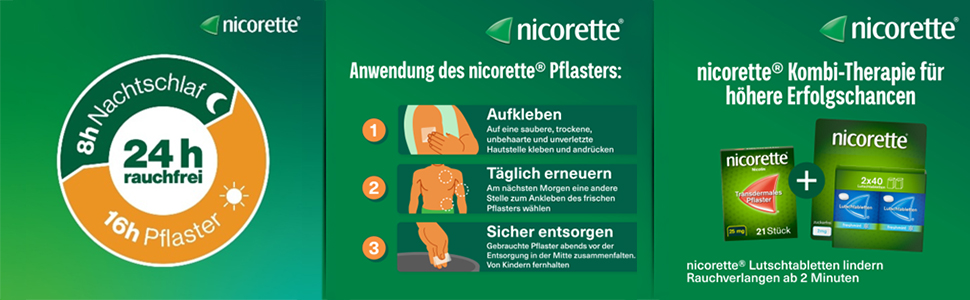 Zwei Bilder nebeneinander. Links: 24h rauchfrei. Rechts: Anwendung des Nicorette Pflasters.