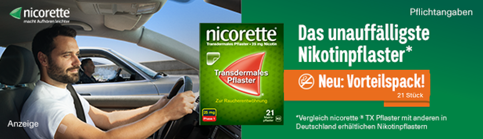 Mann im Auto mit Pflaster. Nicorette-Packung. Text: Das unauffälligste Nikotinpflaster. Neu: Vorteilspack!